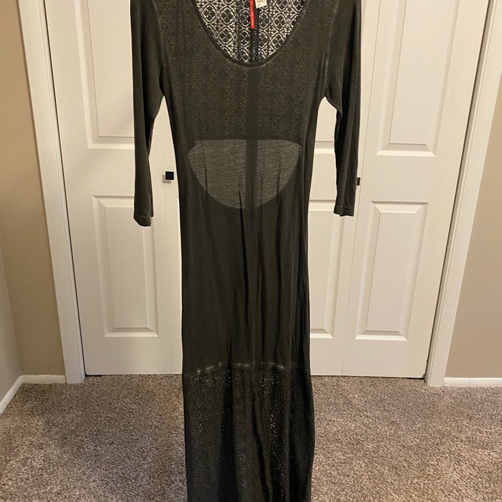 Charcoal gray maxi dress with back cutout and lace